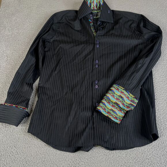 Coogi Classic Shirt Mens Large 16 32/33 Black Stripe Square Buttons Flip Cuff - Picture 3 of 13